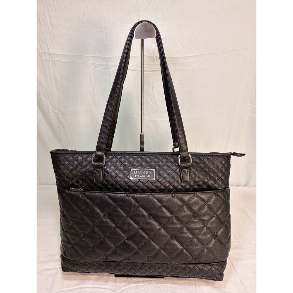 GUESS Los Angeles Black Quilted Monogram Tote Bag Shoulder Purse Silver Logo